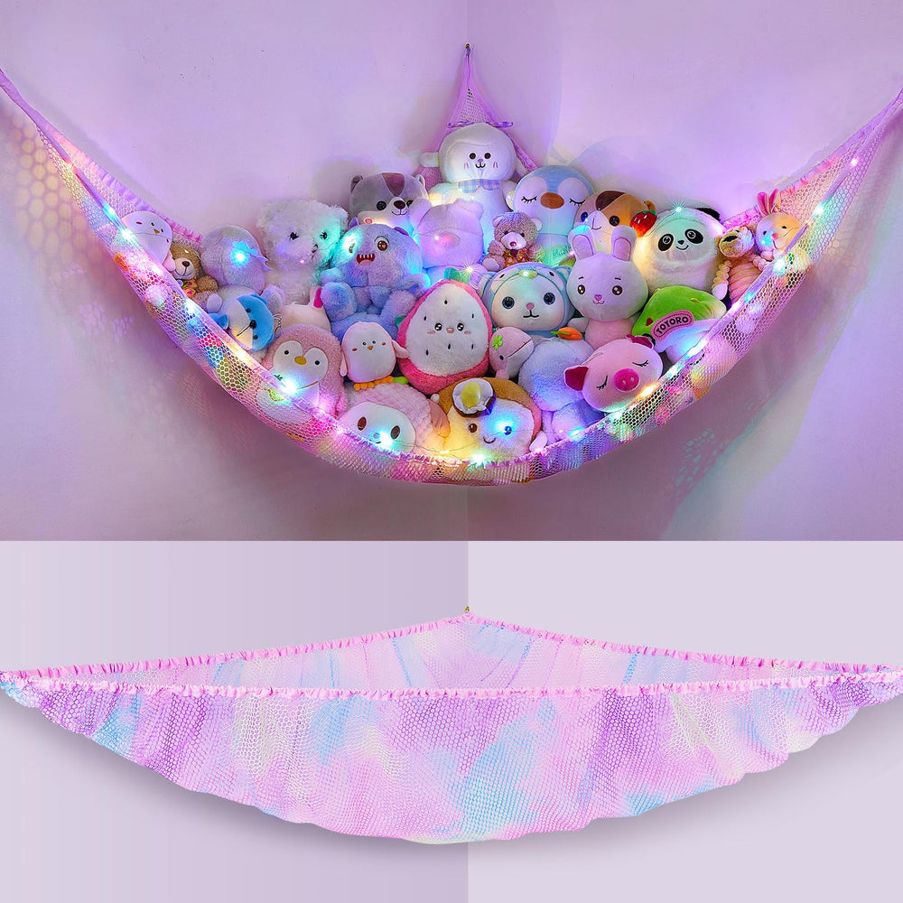 Unicorn Castle hammock with LED light brightens kids' room while storing plush toys.
