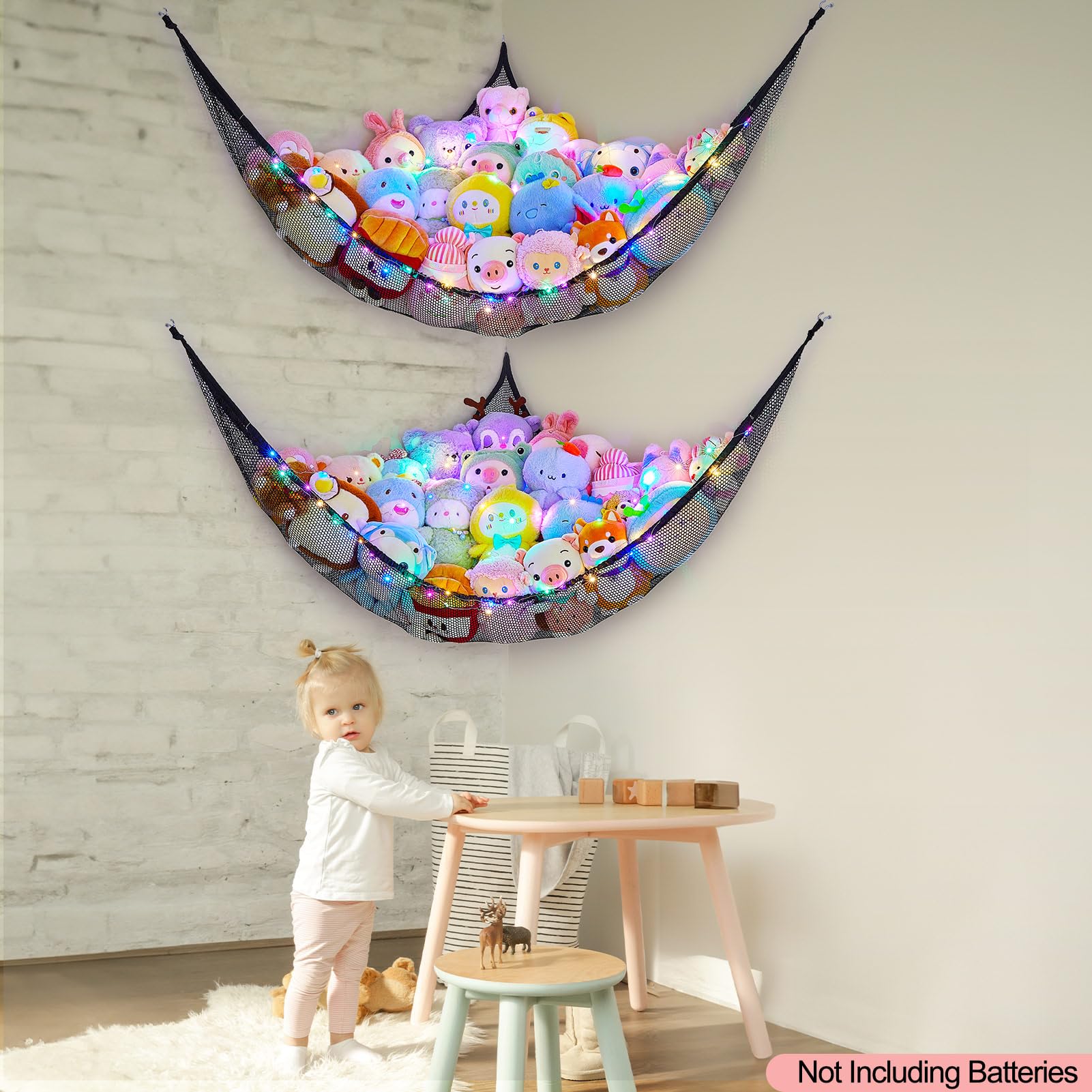 Unicorn Castle LED light string provides gentle illumination for toy organization.