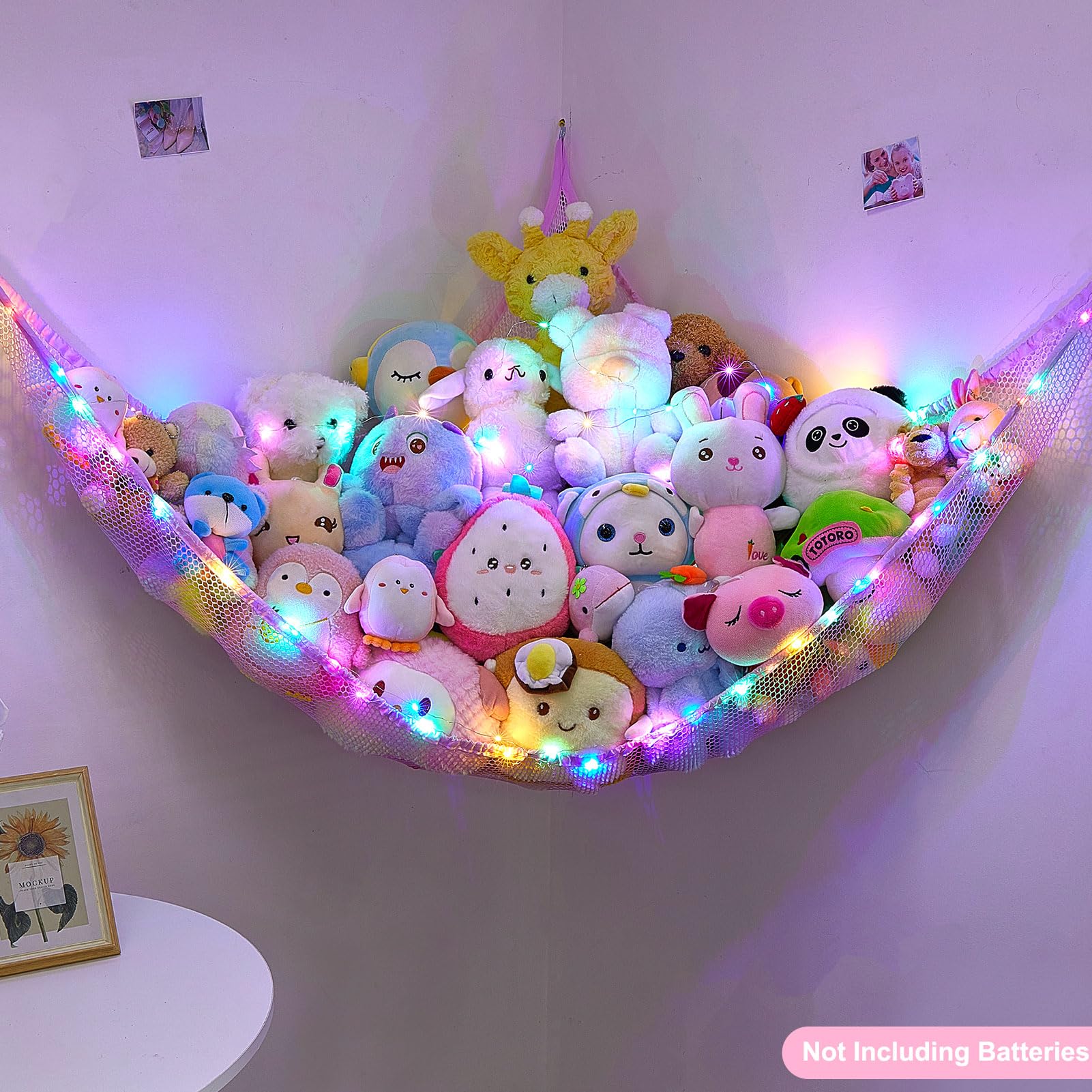 Unicorn Castle mesh hammock keeps plush toys organized in a durable, breathable net.