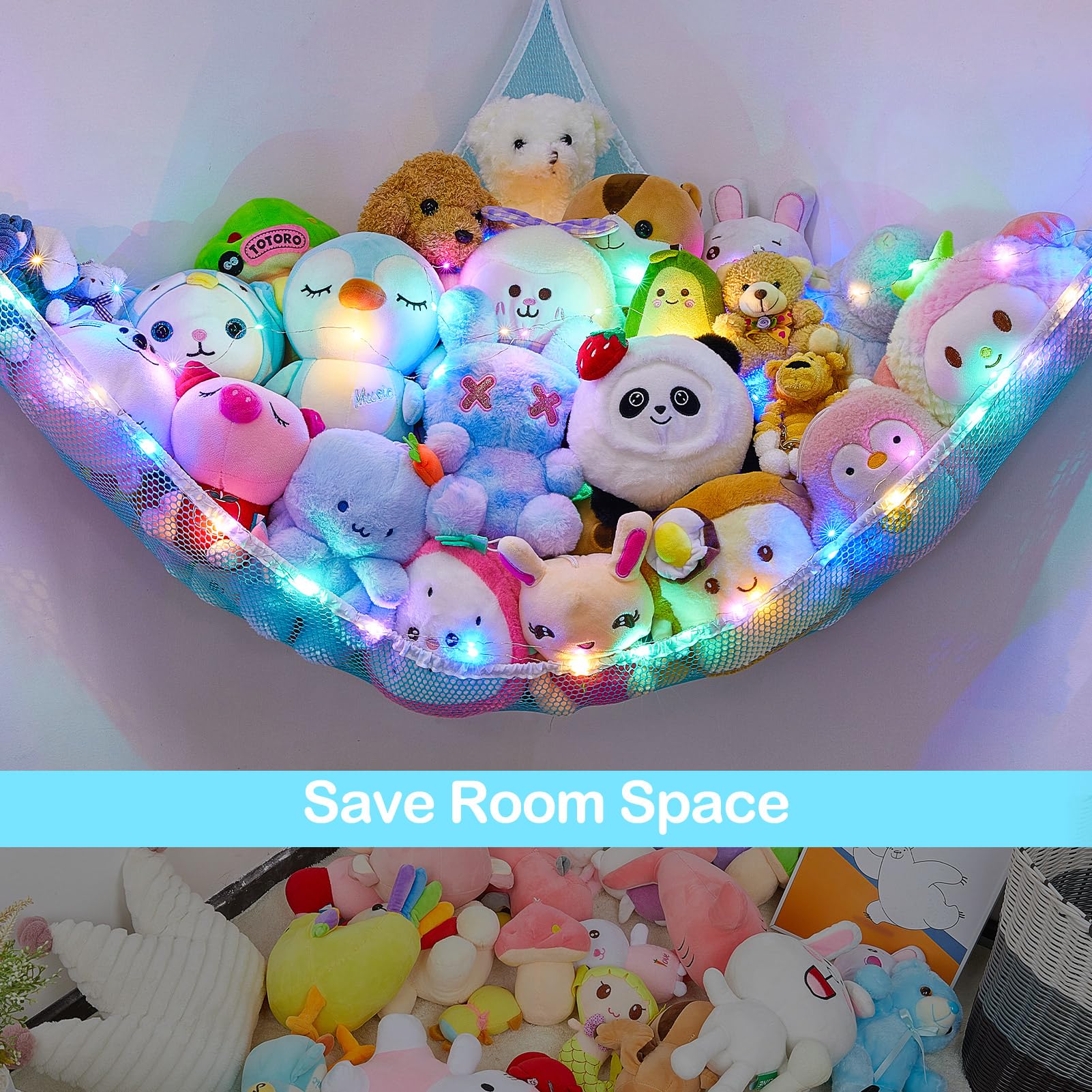 Unicorn Castle durable mesh toy storage keeps plushes visible and accessible