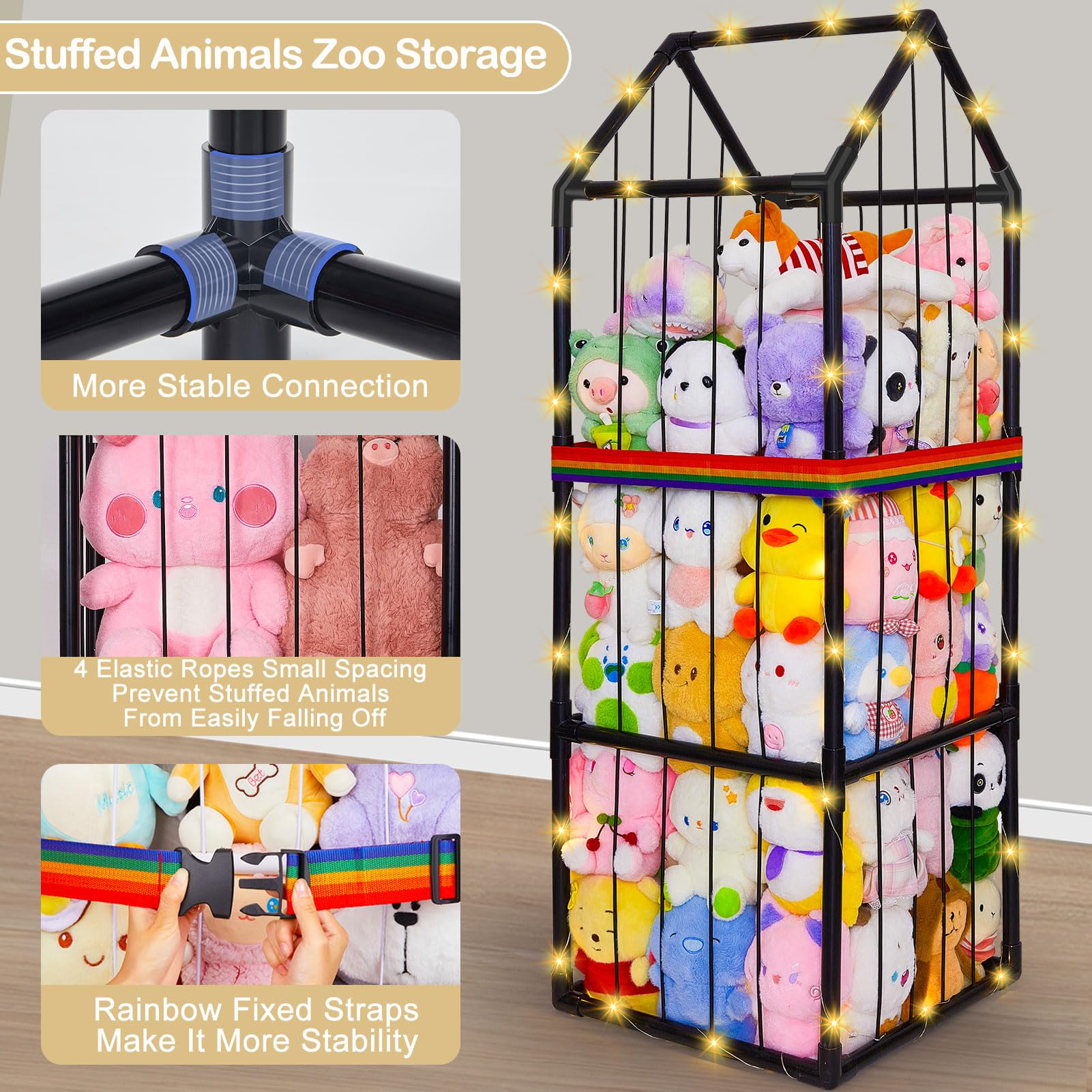 Unicorn Castle rainbow elastic strap helps secure PVC pipes for stability.
