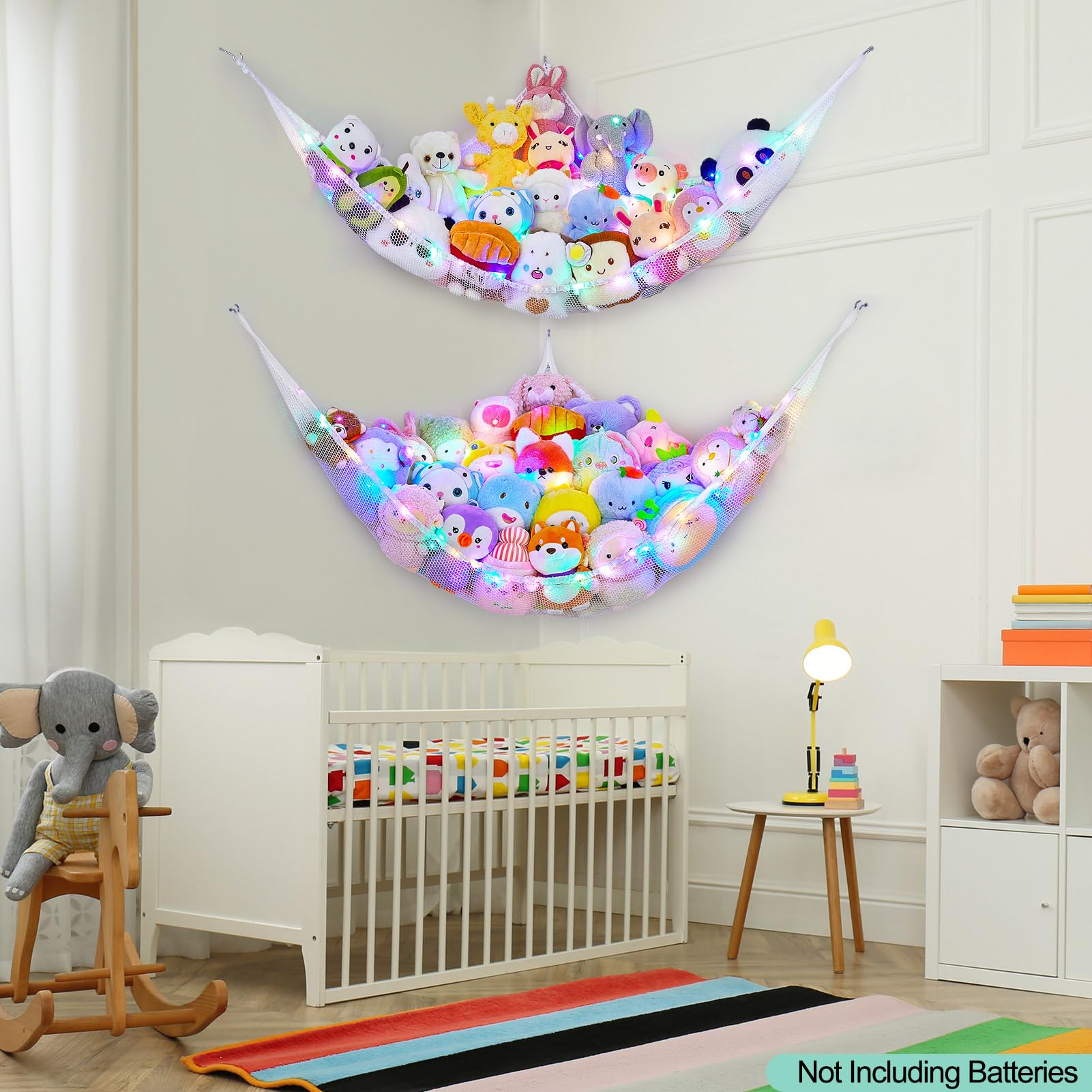 Room decor showcase of Unicorn Castle storage hammock in a kids' corner.