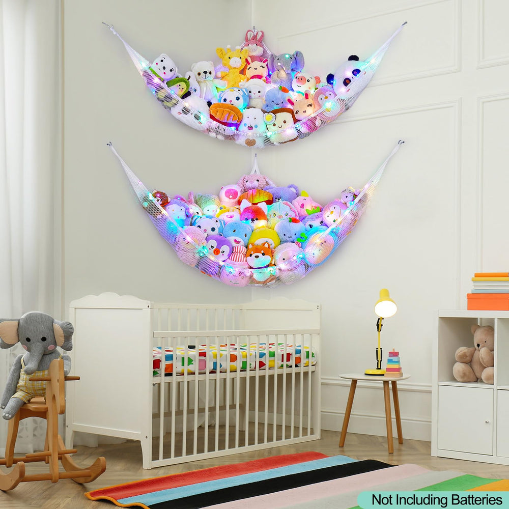 Room decor showcase of Unicorn Castle storage hammock in a kids' corner.