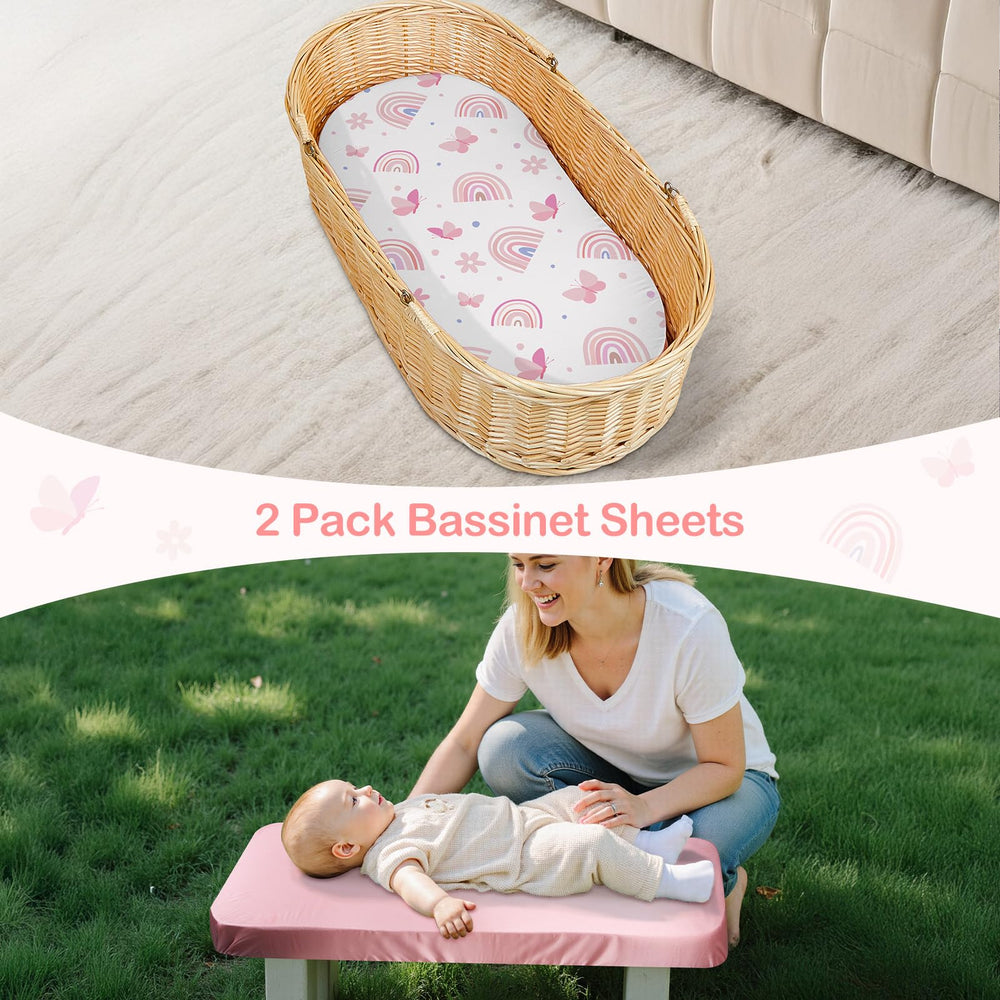 Unicorn Castle satin bassinet sheet butterfly-pink design promotes cozy naps