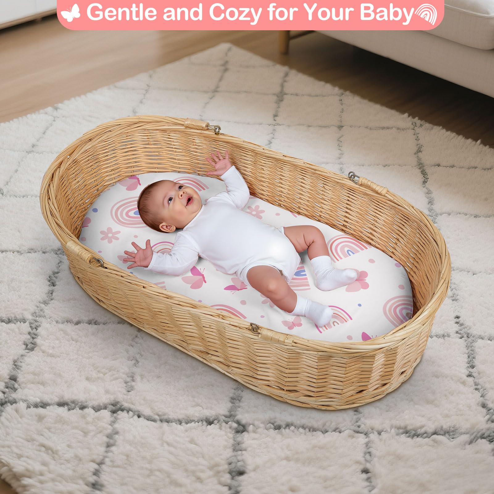 Unicorn Castle satin bassinet sheet with adjustable fit secures the mattress edge