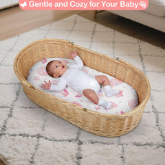 Unicorn Castle satin bassinet sheet with adjustable fit secures the mattress edge