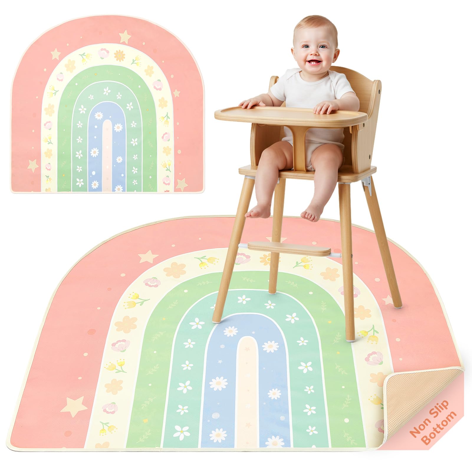 Unicorn Castle Splat Mat used as a high chair spill catcher protects floors.