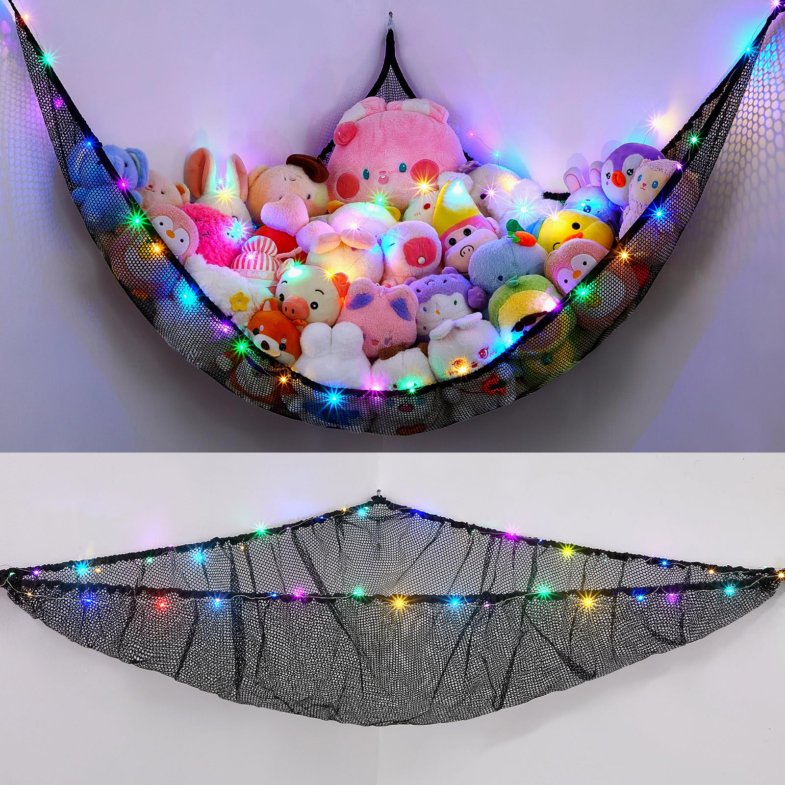 Unicorn Castle hammock with stuffed animals in a kid's room for tidy storage.