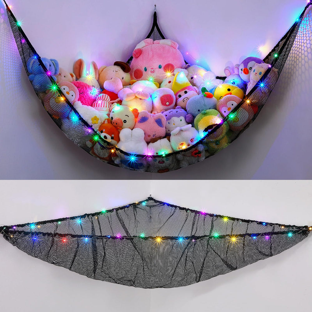 Unicorn Castle hammock with stuffed animals in a kid's room for tidy storage.