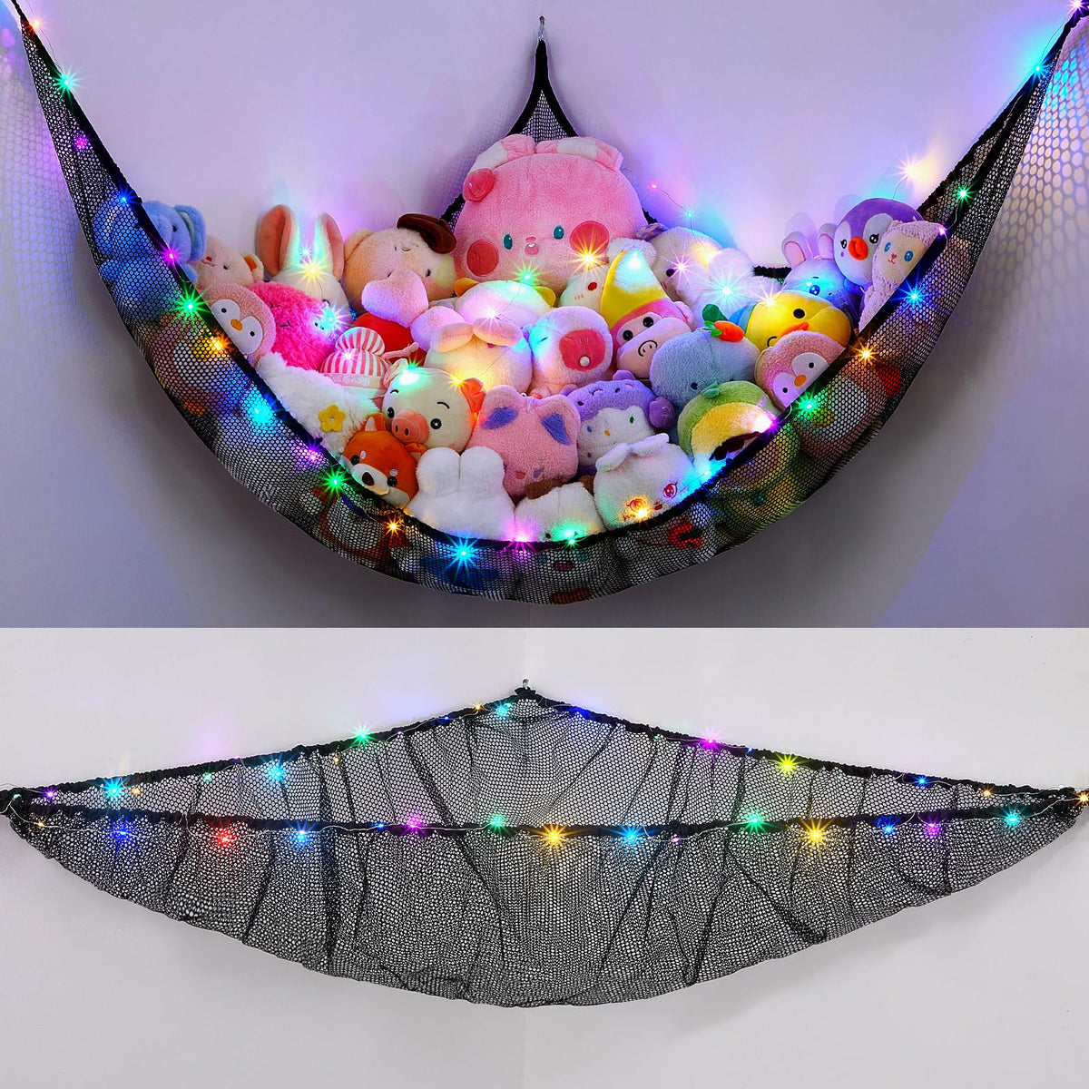 Unicorn Castle hammock with stuffed animals in a kid's room for tidy storage.