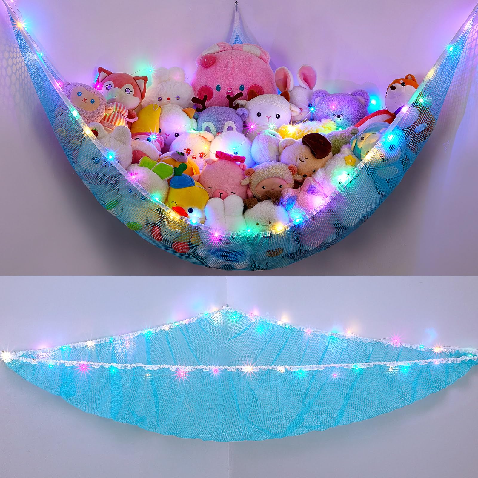 Unicorn Castle stuffed animals hammock with LED light in blue XL keeps toys off the floor