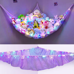 Unicorn Castle stuffed-animals-hammock with LED light, side view, keeps plush toys organized.