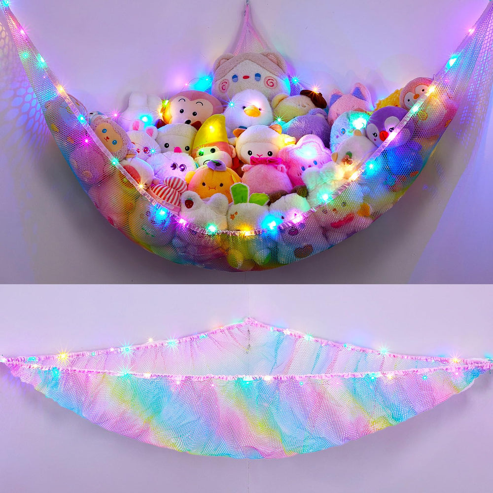 Unicorn Castle stuffed animals hammock with LED light adds cozy storage to a kid's room.