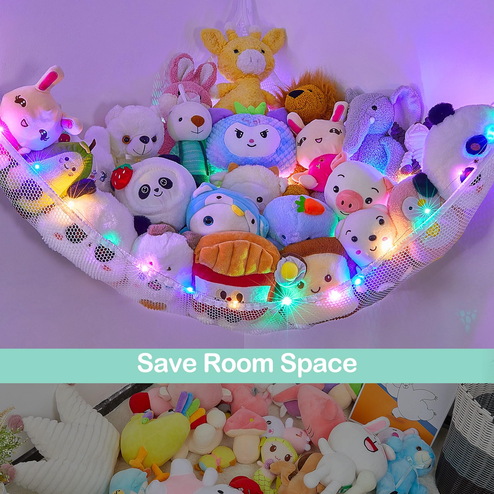 Large-capacity mesh hammock designed for plush toys and easy access.