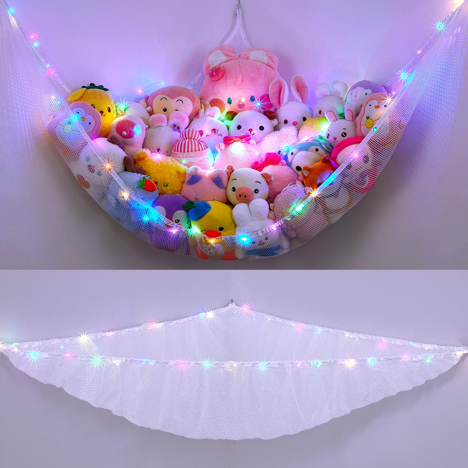 Unicorn Castle stuffed animals net hammock with LED light adds cozy, magical ambience.