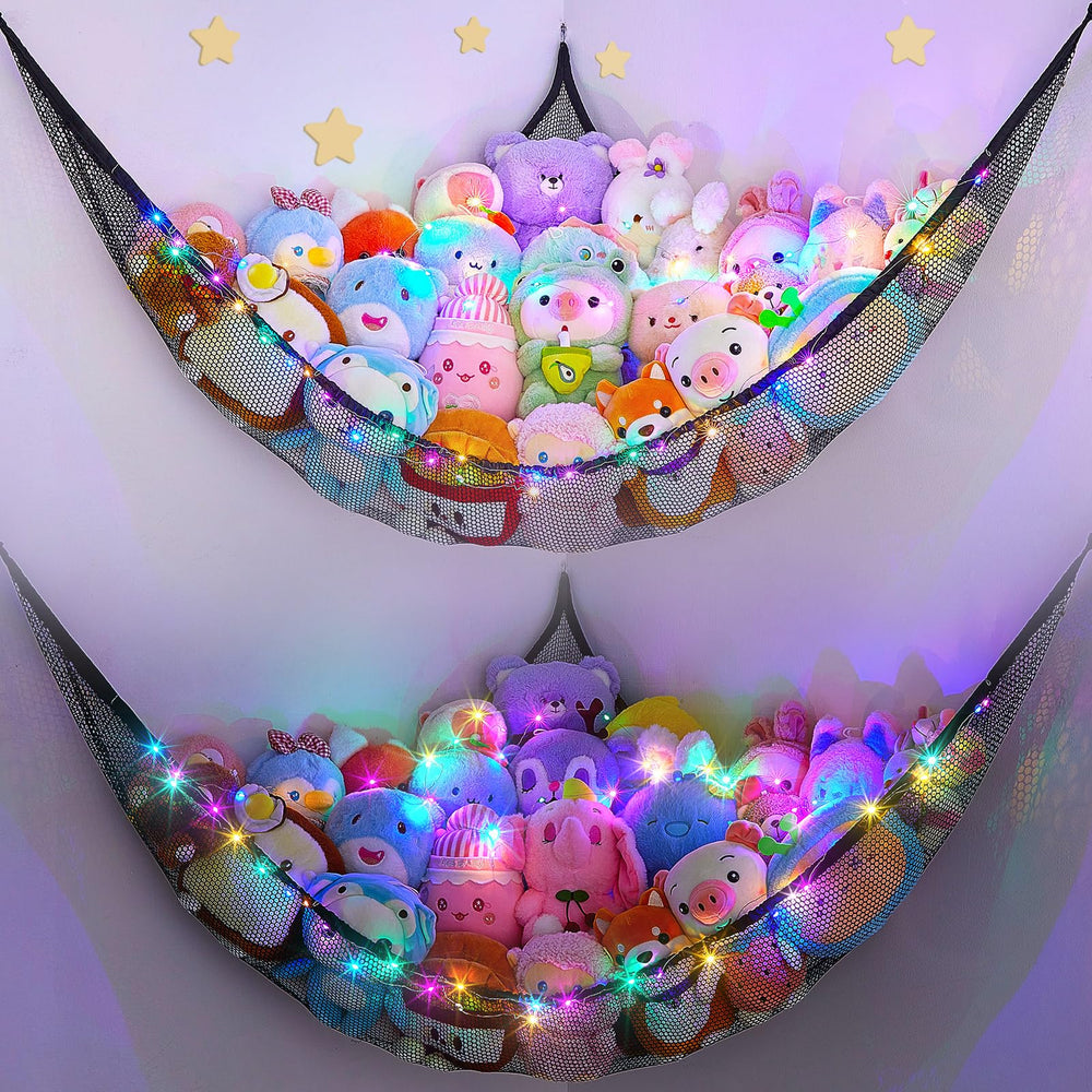 Unicorn Castle stuffed animals net hammock stores plush toys neatly.