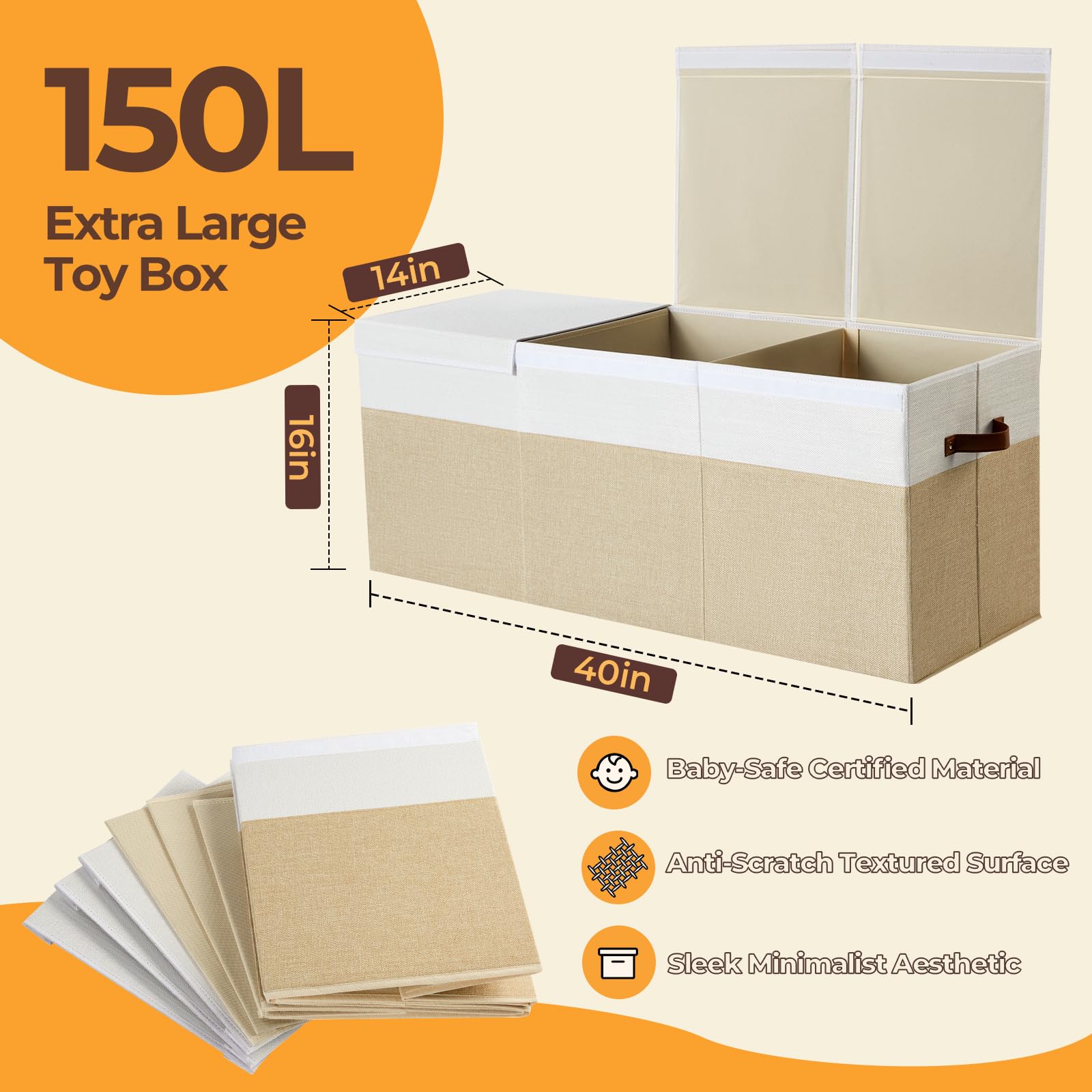 Uniency toy box beige with lid open shows easy access to toys