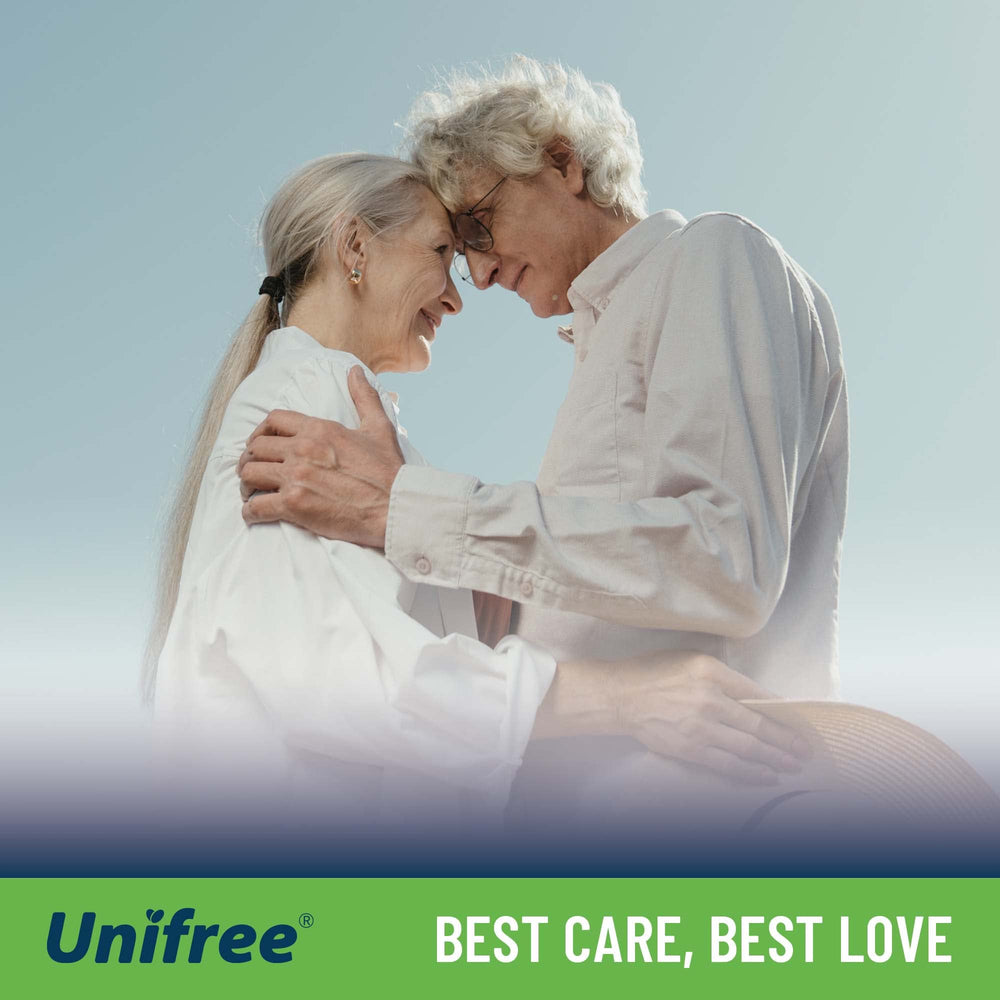 UNIFREE underpads 50-count blue packaging shown for bulk use.