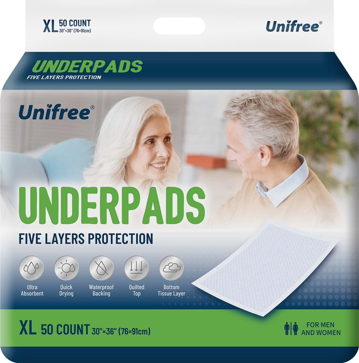UNIFREE underpads with soft top layer for gentle skin contact.