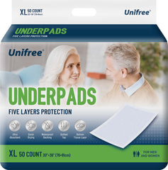 UNIFREE underpads with soft top layer for gentle skin contact.