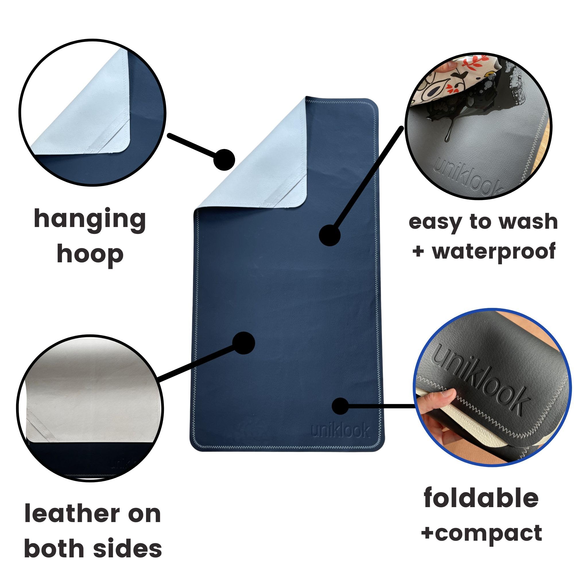 Uniklook tan-gray vegan leather mat folded for travel; compact and portable.