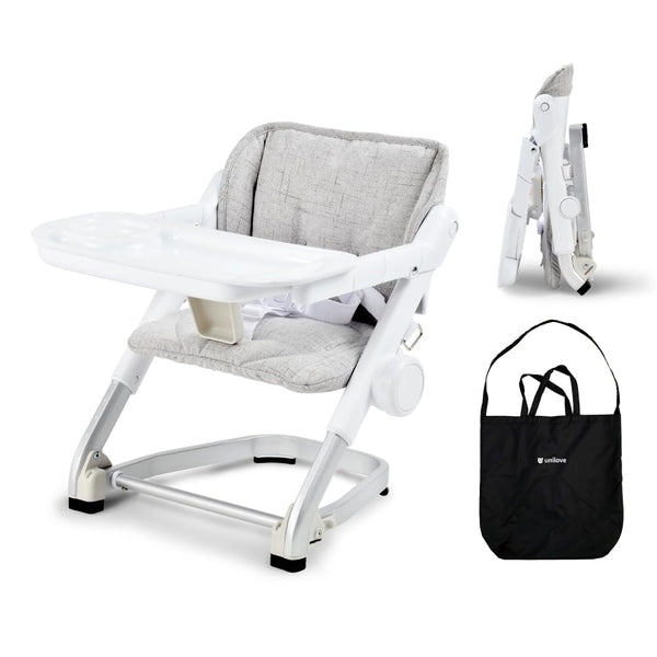 Unilove Feed Me 3-in-1 high chair setup showing growth from infancy to toddler seating.