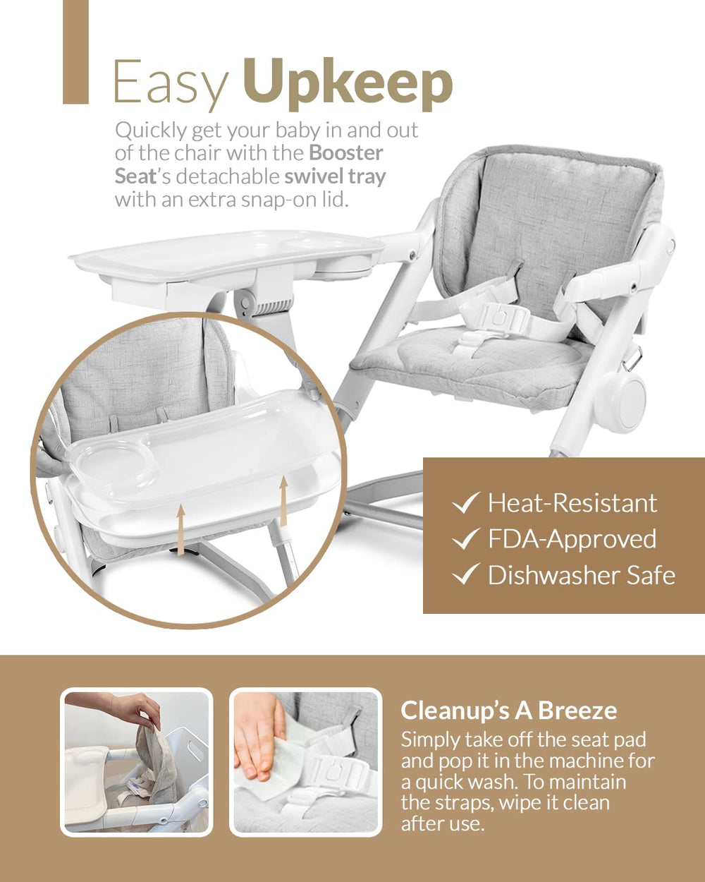 Unilove Feed Me removable linen seat pad simplifies cleanup.