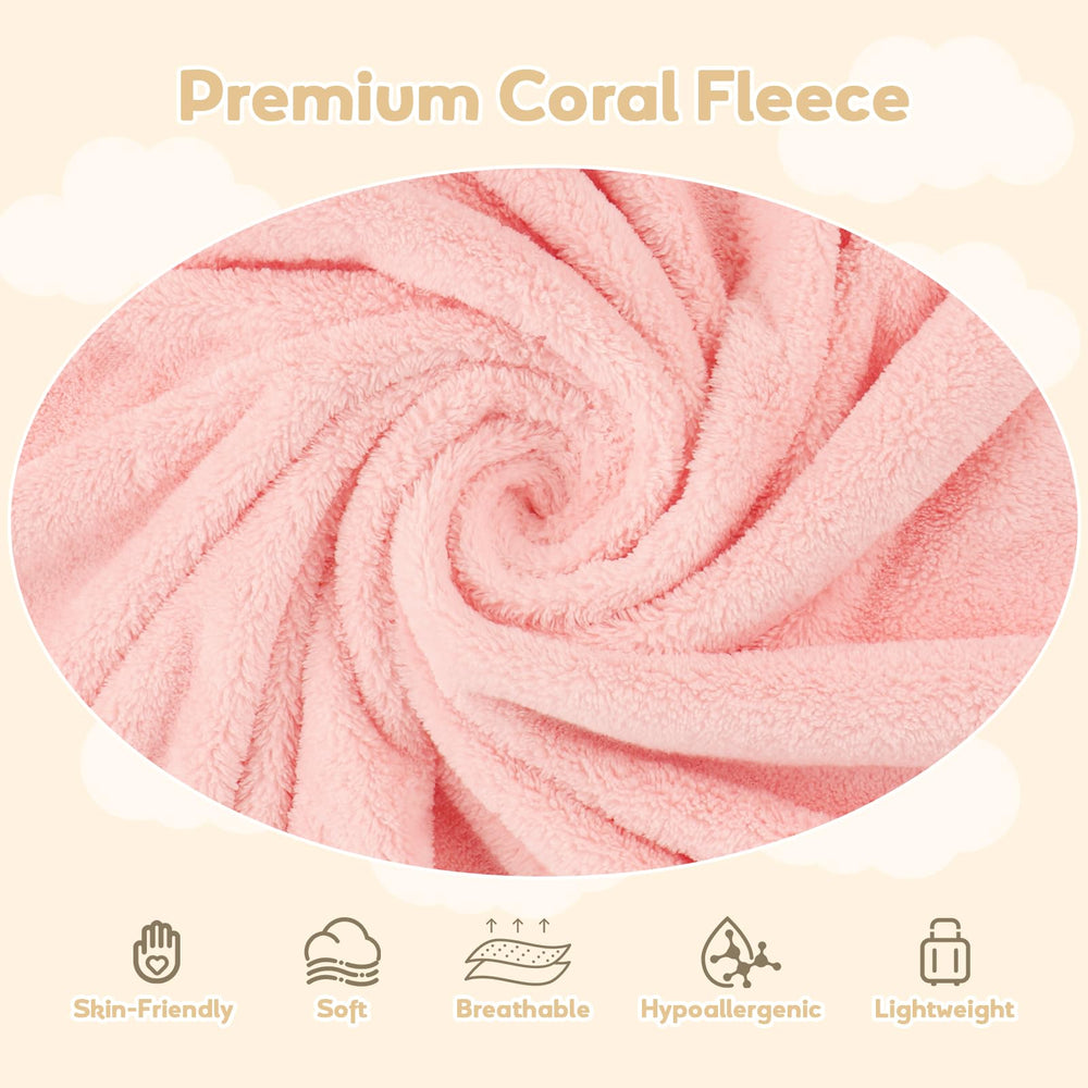 UNIMADE coral fleece hooded towel highlights soft, absorbent material for delicate skin.