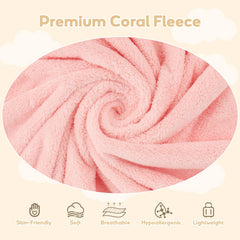 UNIMADE coral fleece hooded towel highlights soft, absorbent material for delicate skin.
