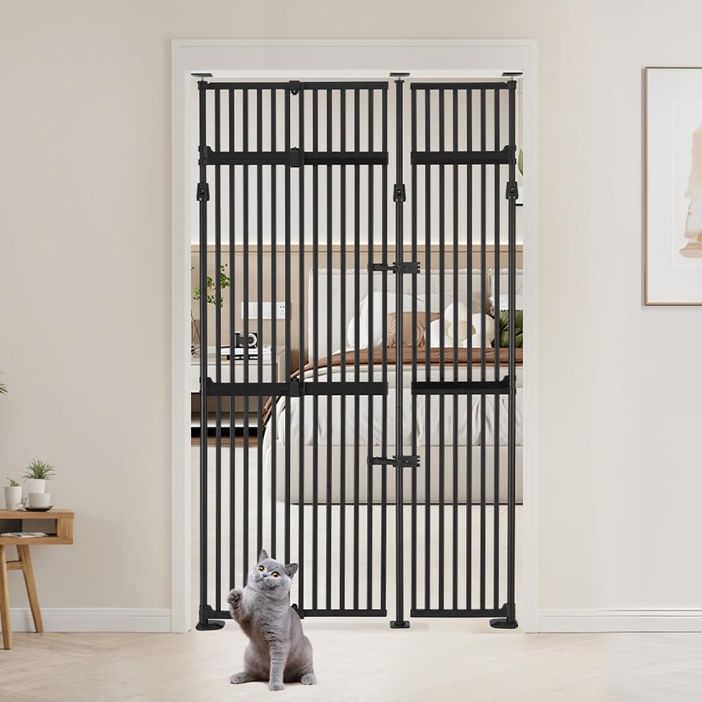 Unipaws 86-inch cat gate fully extended across a doorway, showcasing tall clearance.