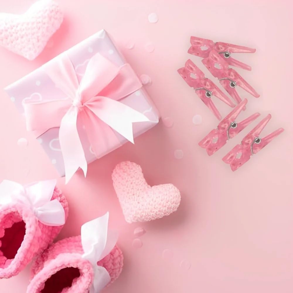 Unique pink clothespin favors brighten tables and displays.