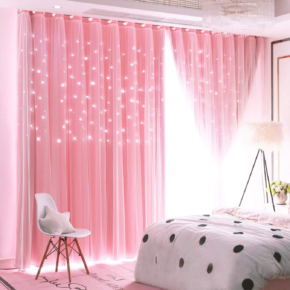 UNISTAR Stars blackout curtains pink panel exterior view for a cozy night-time ambience
