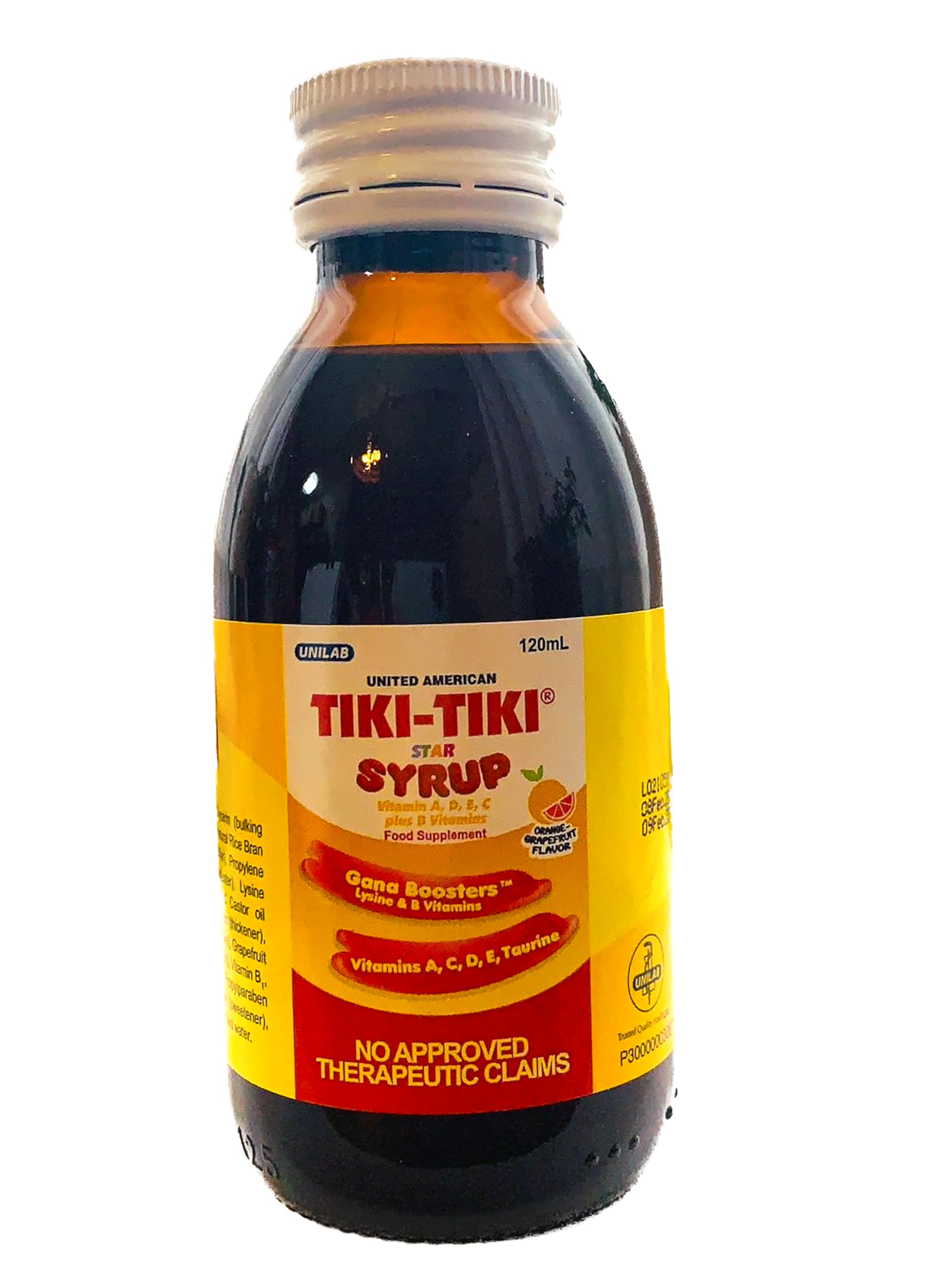 United American Tiki-Tiki Star Plus Syrup nutrition label highlights vitamins for growth.