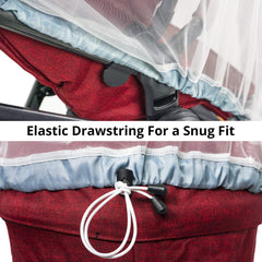 Universal Backpackers mosquito net over a carrier keeps bugs out while baby travels