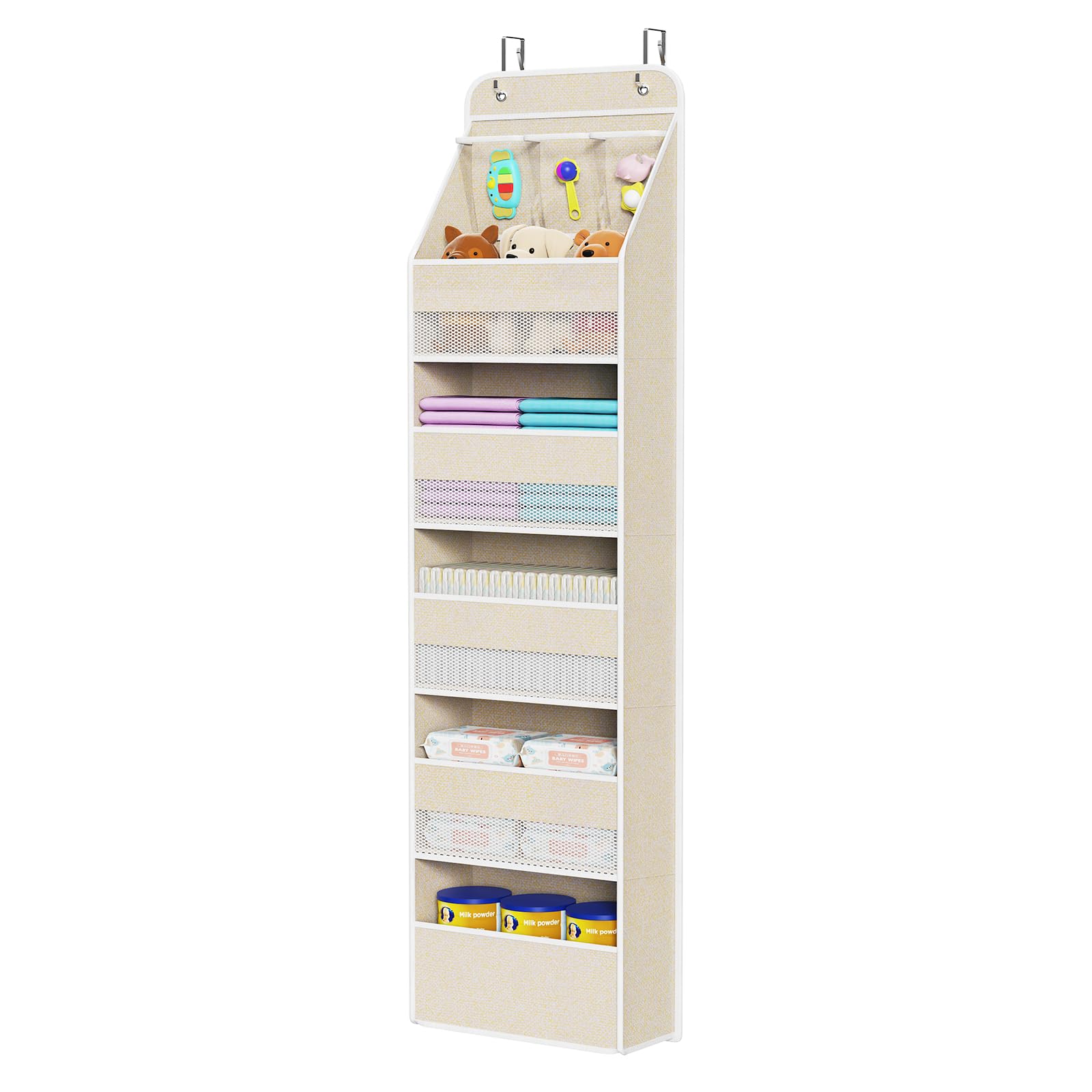 Univivi 6-shelf over-door organizer in beige keeps nursery essentials neatly organized.