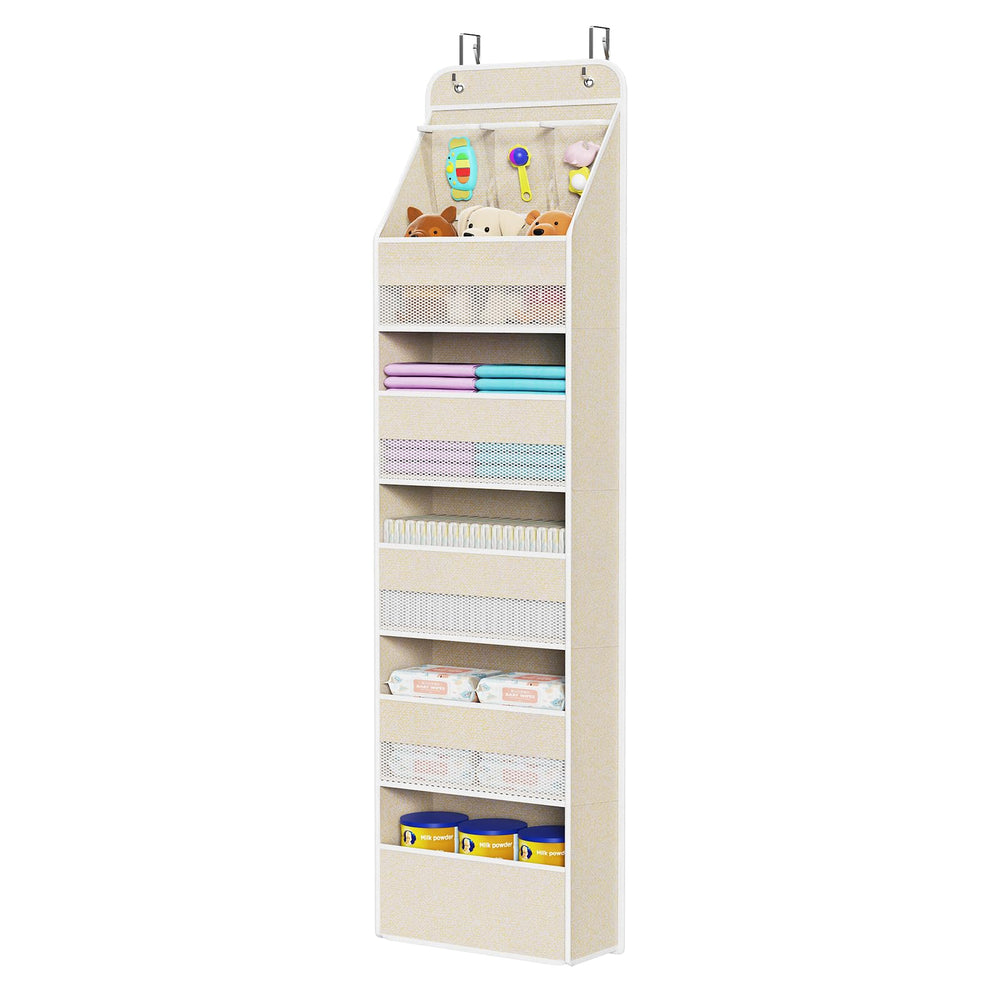 Univivi 6-shelf over-door organizer in beige keeps nursery essentials neatly organized.