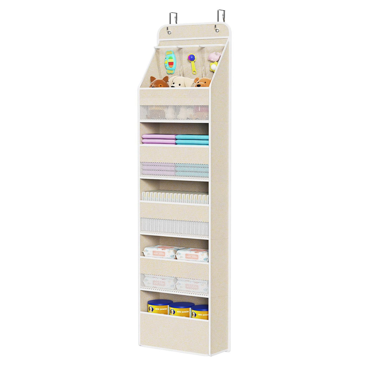 Univivi 6-shelf over-door organizer in beige keeps nursery essentials neatly organized.
