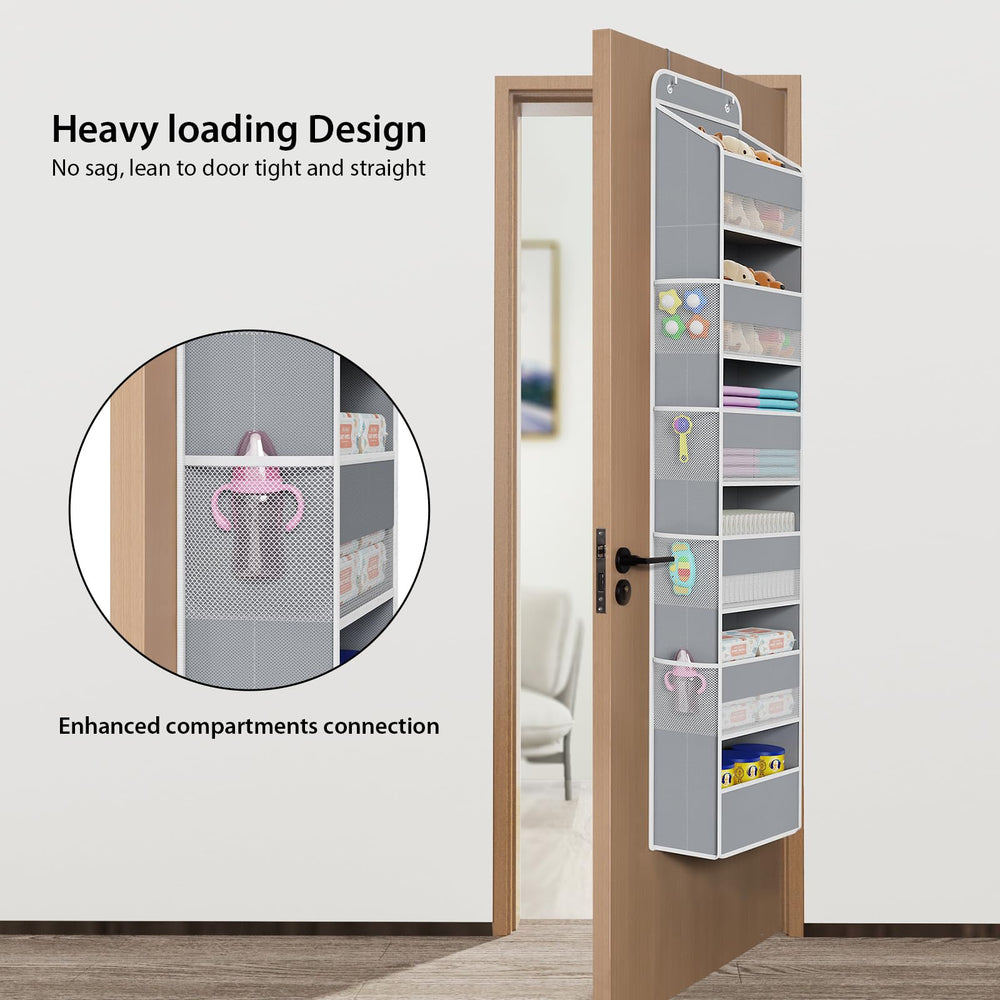 Univivi door-hanging-organizer eight side pockets for cosmetics and quick access.