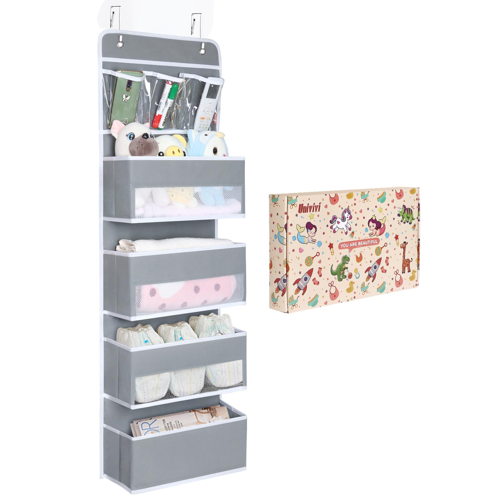 Univivi door hanging organizer grey front view with four large pockets for cosmetics and baby items.