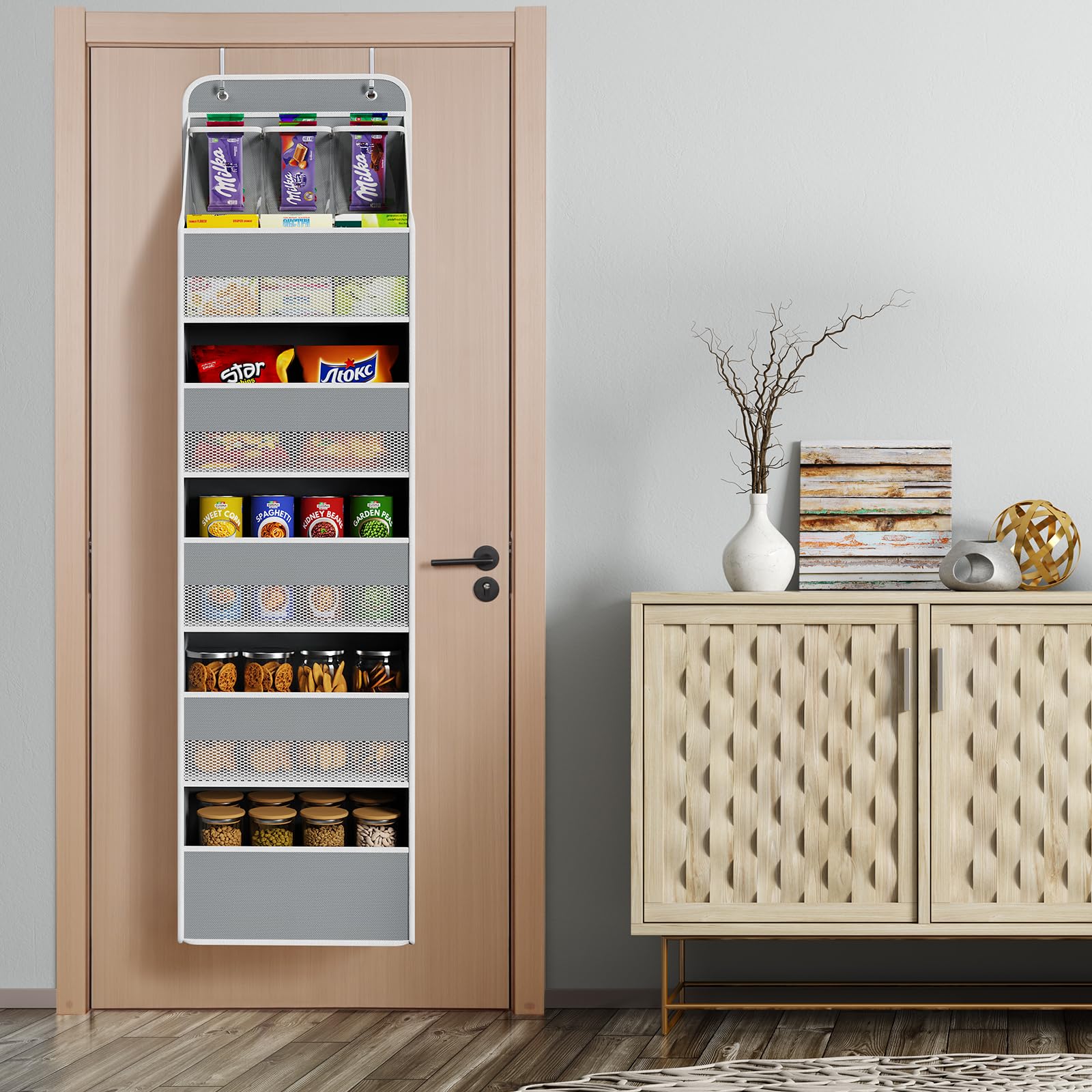Univivi easy-install door hanging with metal hooks fits most standard doors.