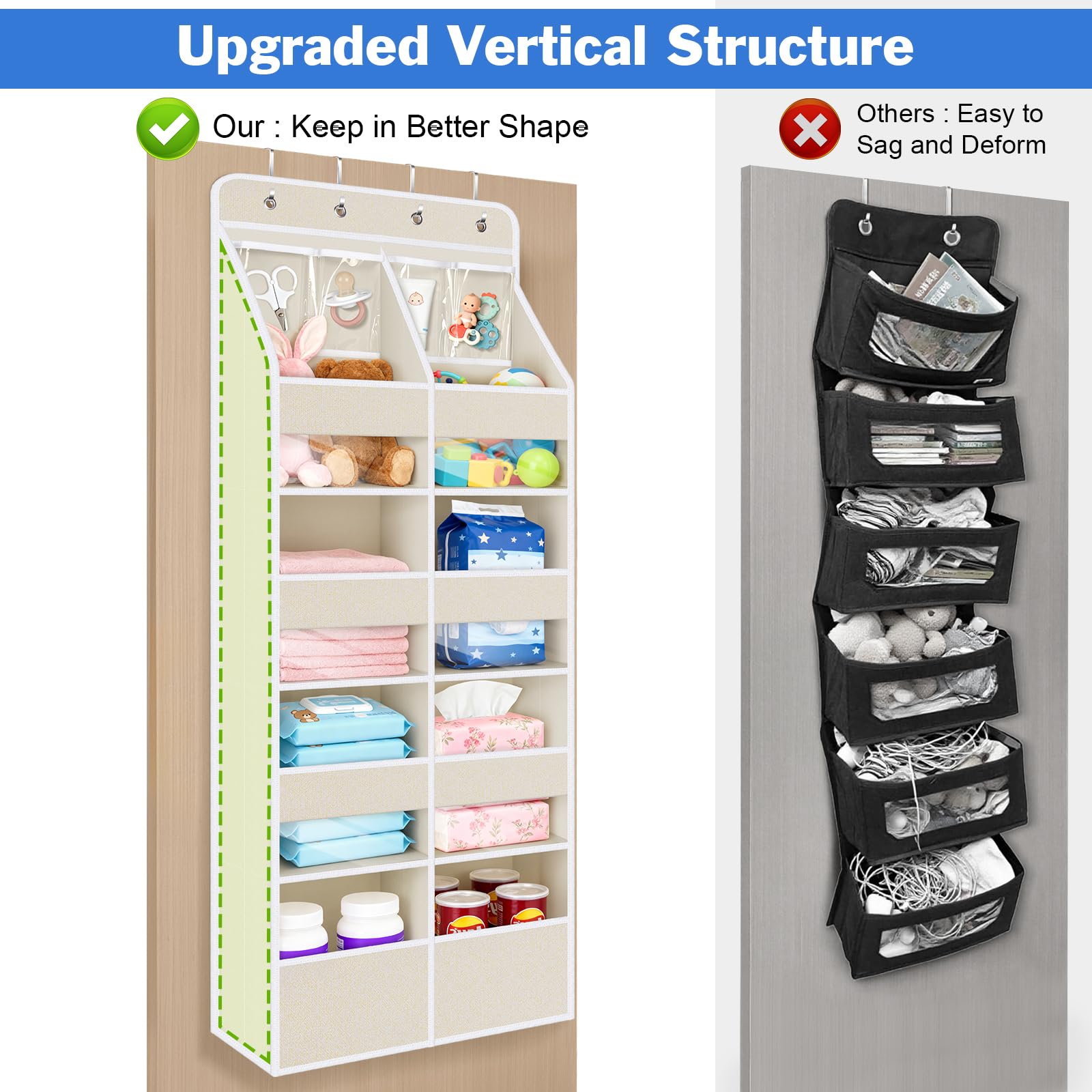 Univivi behind the door storage for towels, diapers, bottles, and clothes.