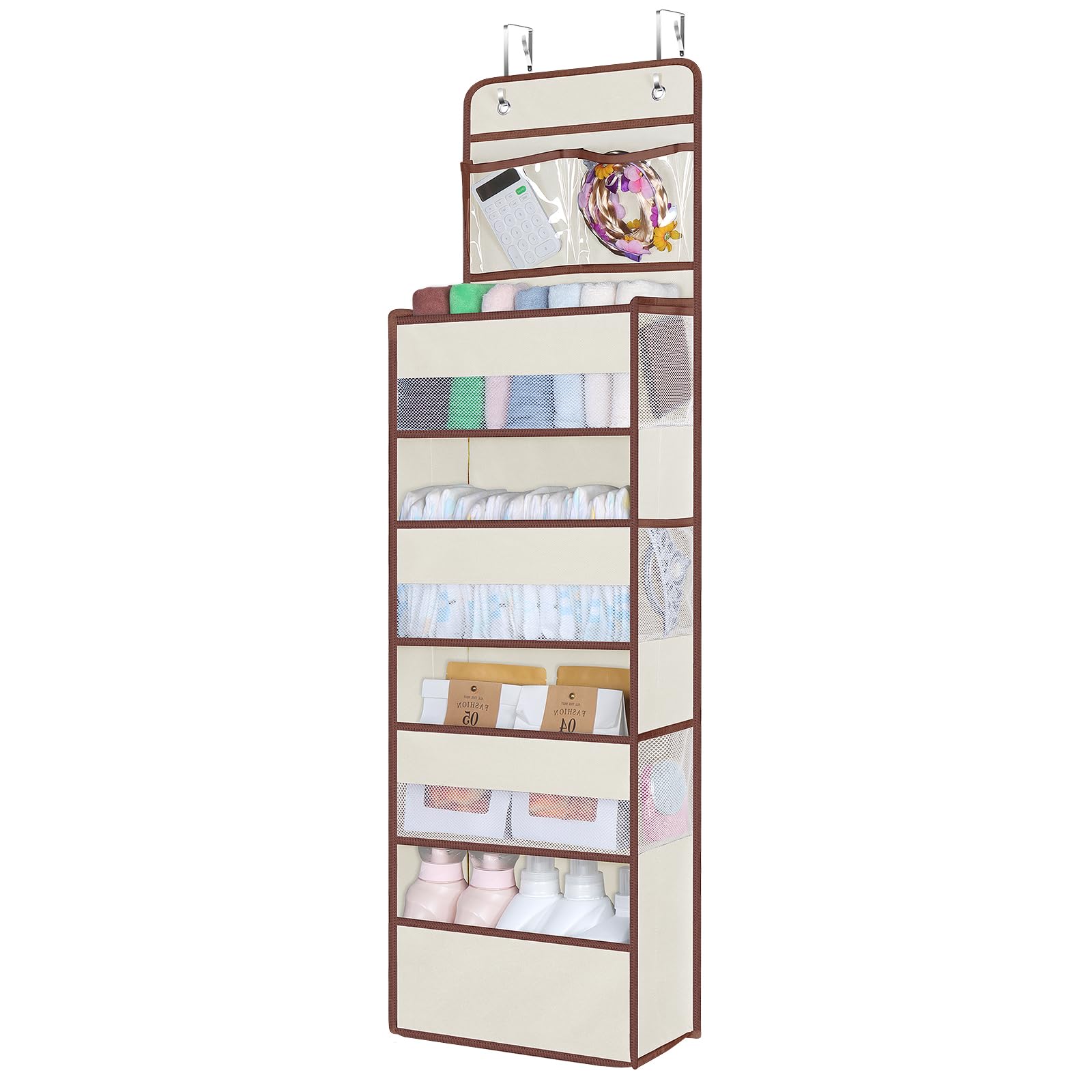 Univivi over-door organizer with four compartments and PVC pockets for tidy nursery storage.