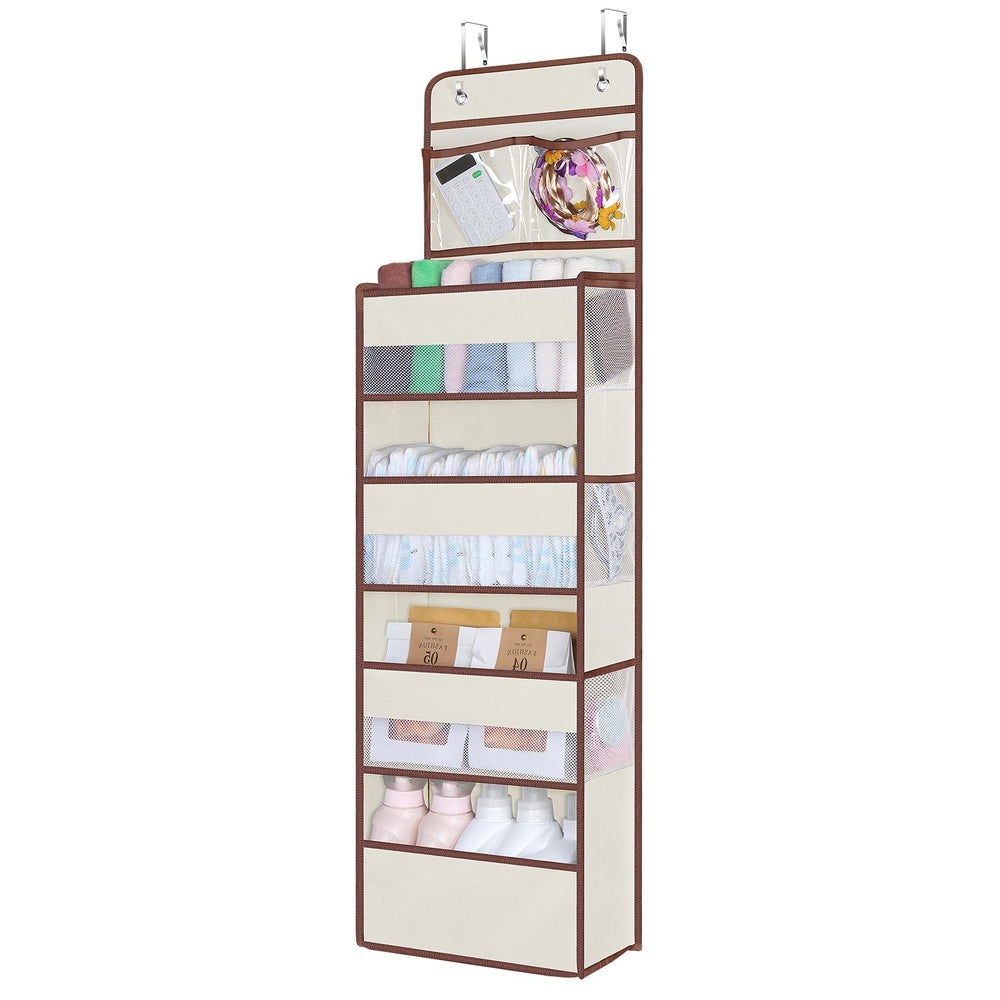 Univivi over-door organizer with four compartments and PVC pockets for tidy nursery storage.