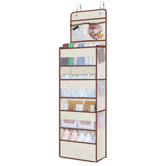 Univivi over-door organizer with four compartments and PVC pockets for tidy nursery storage.