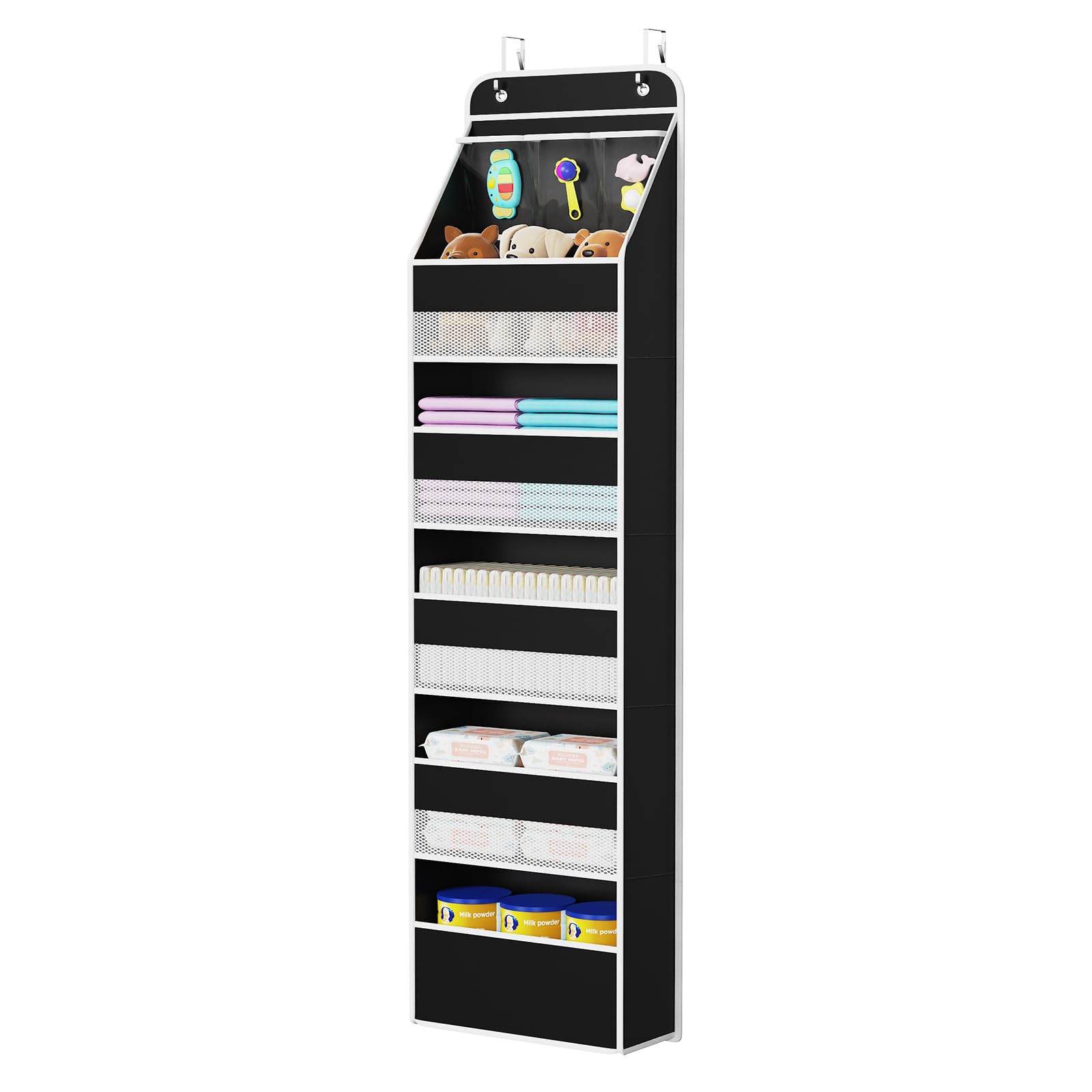 Univivi over-door organizer side view with six black shelves and sturdy hooks