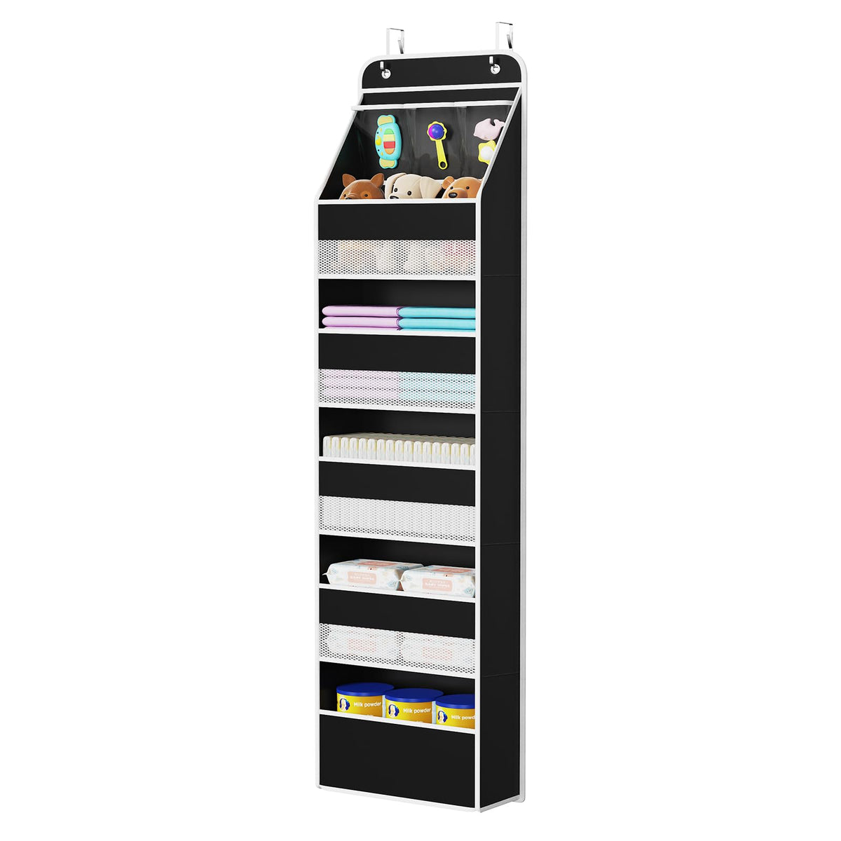 Univivi over-door organizer side view with six black shelves and sturdy hooks