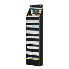 Univivi over-door organizer side view with six black shelves and sturdy hooks