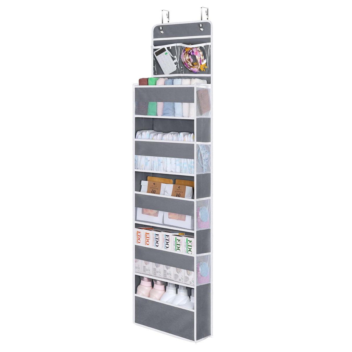 Univivi over door organizer with cosmetics pockets keeps vanity items tidy and accessible.