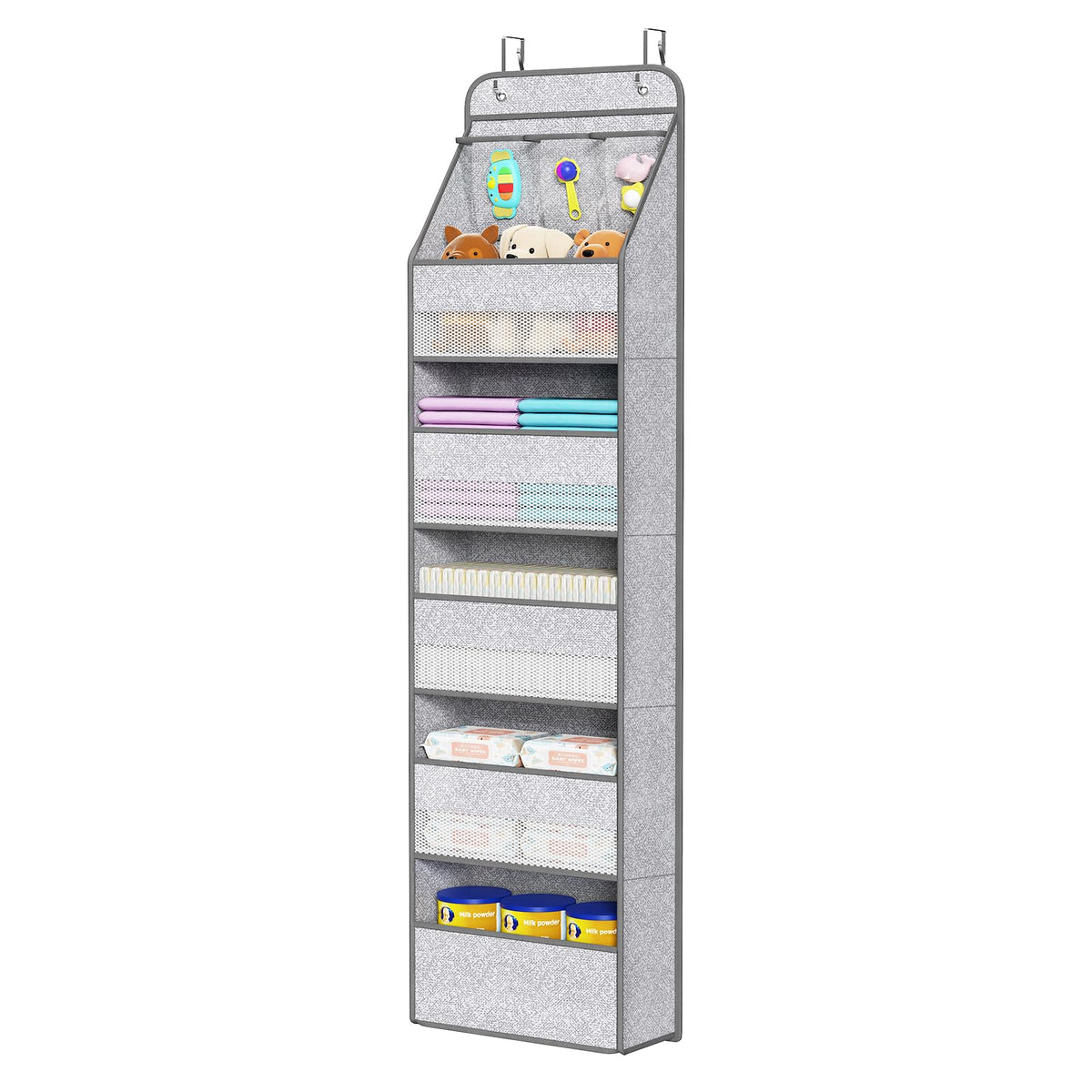 Univivi over door organizer in grey pattern front view for nursery storage