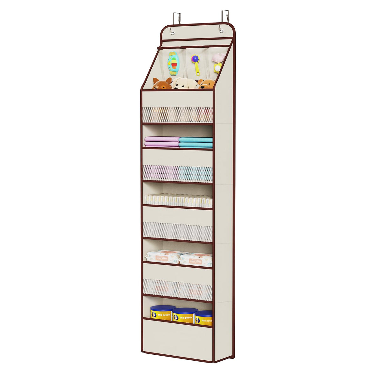 Univivi beige over-door organizer six-shelf holds baby essentials within reach.